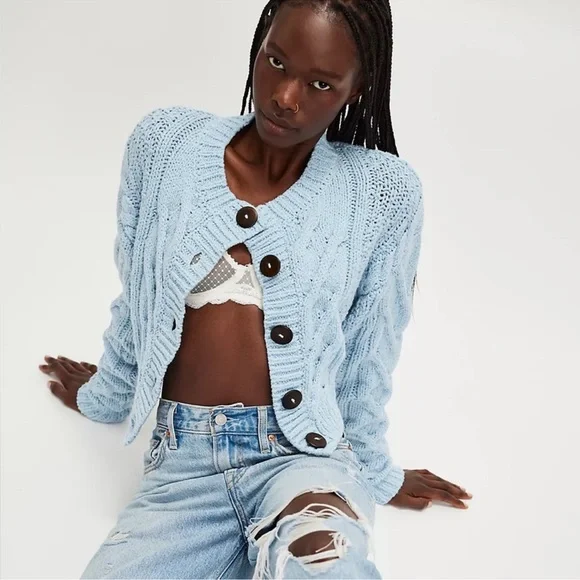 NEW FREE PEOPLE Bonfire Cardigan Cardi Sweater in Boardwalk Blue M - Picture 2 of 8